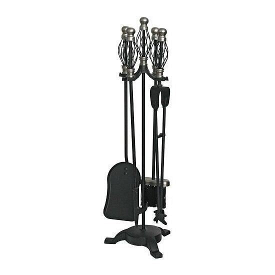 Set accesorii semineu, suport cu 4 piese, nichelate, 66 cm
