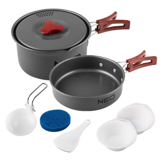 Oala si tigaie turistica, camping, aluminiu, cu accesorii, set 8 piese, NEO