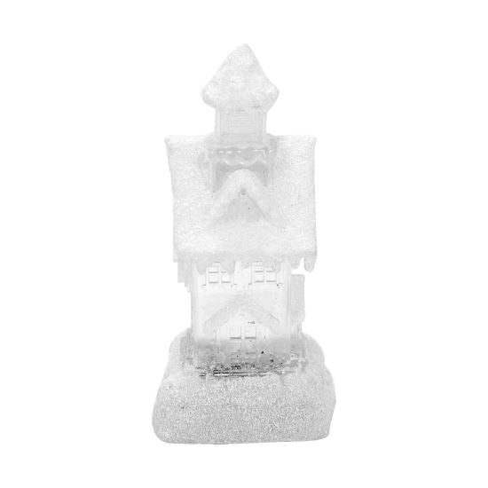 Decoratiune Craciun, PE, casa cu sclipici, LED, 2xAA, 9.5x9.5x25.5 cm
