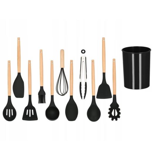 Set ustensile bucatarie, silicon si bambus, negru, 12 piese, Springos