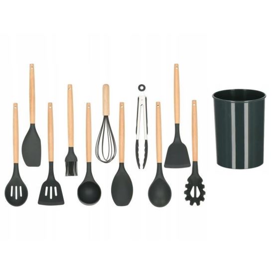 Set ustensile bucatarie, silicon si bambus, grafit, 12 piese, Springos