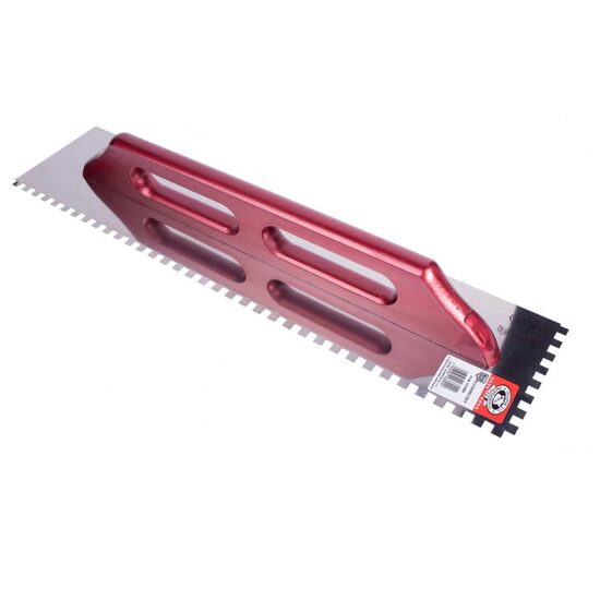 Gletiera inox, pentru adezivi, cu zimti, 10x10 mm, 68x13 cm x 1.2 mm, maner lemn lung, Olejnik
