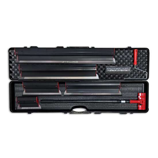 Set 5 gletiere profesionale, lama inox 0.3 mm, 25, 40, 60, 80, 100 cm, suport, maner telescopic 0.9-1.43 m, rola gletuit, geanta, Ergoplast, Olejnik
