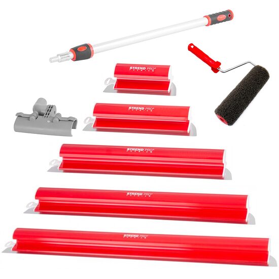 Set 5 gletiere profesionale, inox, 25, 40, 60, 80, 100 cm, suport, maner telescopic 0.8-1.4 m, rola gletuit, Strend Pro