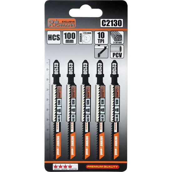 Panza, lama, fierastrau pendular, pentru lemn, HCS, prindere tip T, dinti orientati invers, 10 TPI, set 5 buc, 100 mm, Richmann Exclusive