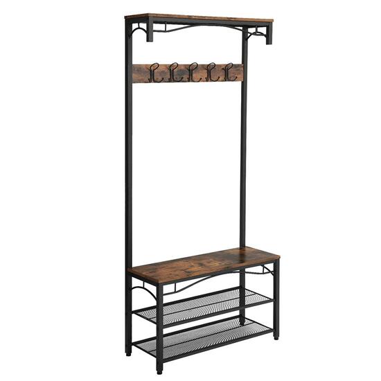 Cuier cu 2 rafturi pentru incaltaminte, Vasagle, banca, pal si metal, negru, 80x30x178.5 cm