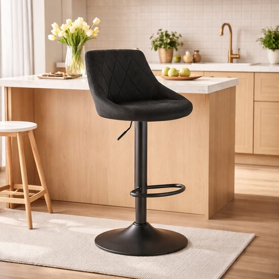 Scaun de bucatarie/bar, Artool, Kast, rotativ, catifea neagra, picior metal negru, 45.5x49x105 cm
