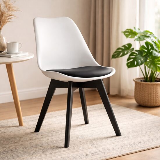 Scaun bucatarie/living, Artool, Mark, PP alb, picioare negre, perna piele ecologica neagra, 49x43x82 cm