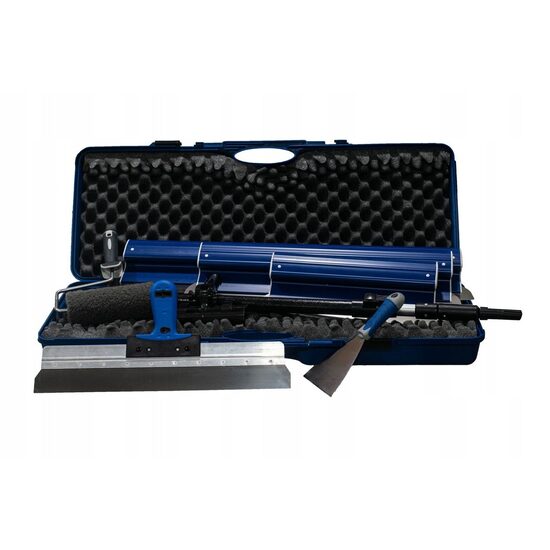 Set 3 gletiere profesionale, lama inox 0.4 mm, 40, 60, 80 cm, suport, maner telescopic 95-160 cm, rola gletuit, spacluri, geanta, Ergolite, Olejnik