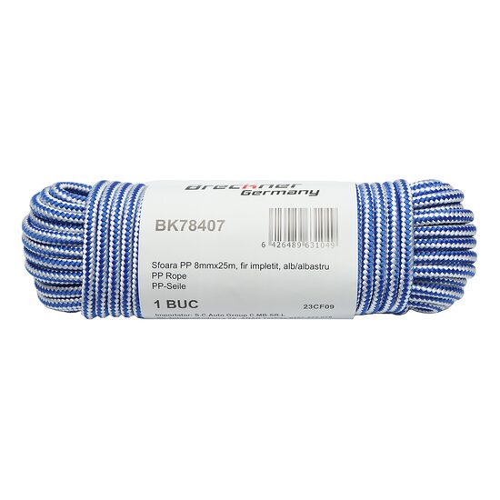 Franghie PP, impletita, alb si albastru, 8 mm, 25 m, Breckner Germany