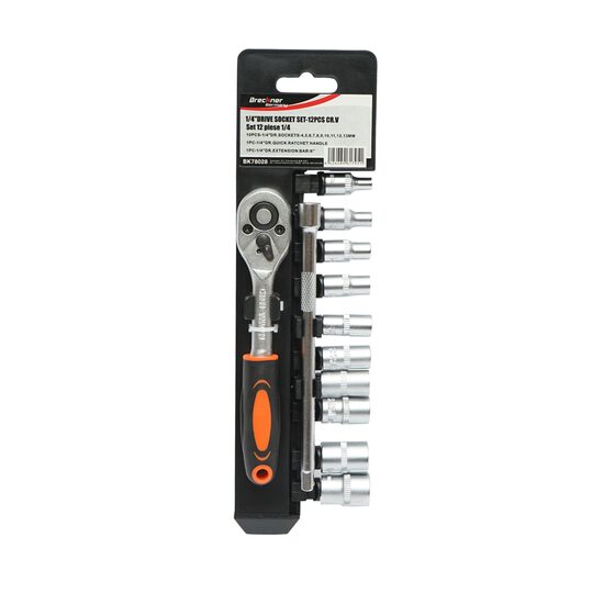 Trusa chei tubulare, 1/4", cu clichet reversibil, extensie, 12 piese, Breckner Germany