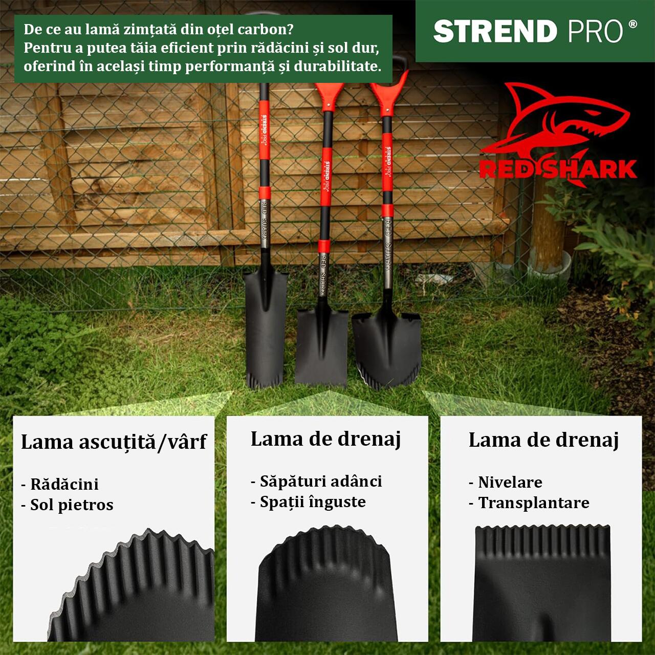 Harlet, cazma, ingust, cu varf zimtat, coada fibra de sticla, 12x40x128 cm, Strend Pro Premium RedShark