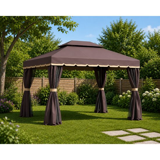 Pavilion/foisor pentru gradina/terasa, cadru aluminiu, cu plasa pentru insecte, cafeniu, 3.90x2.90x2.80 m