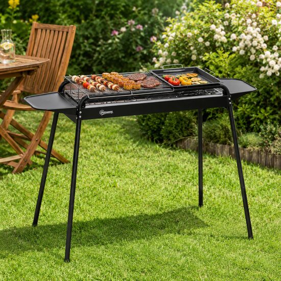 Gratar gradina/camping cu carbuni, portabil, grill dreptunghiular, cu rafturi, structura inox, 113x56x82 cm