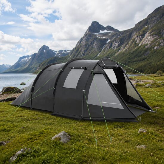 Cort camping, 3-4 persoane, impermeabil, cu vestibul, negru, 475x264x172 cm