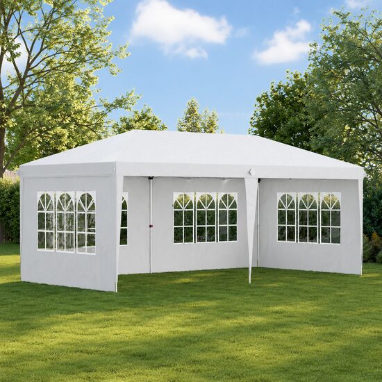 Pavilion pentru gradina/comercial, cadru metalic, material Oxford, 4 pereti, pliabil, alb, 5.85x2.95x2.70 m