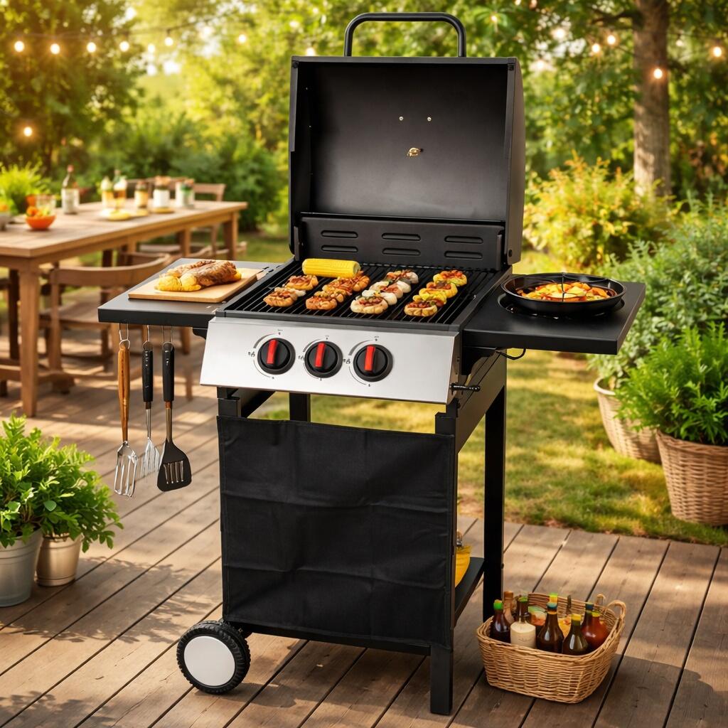 Gratar gradina, grill dreptunghiular, cu gaz, 2+1 arzatoare, cu roti, capac, rafturi, 97x60x100 cm, Valencia
