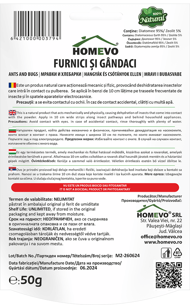 HOMEVO FURNICI SI GANDACI 50G - Pulbere BIO cu Diatomita si Zeolit - Actiune Mecanica, Fara Substante Chimice