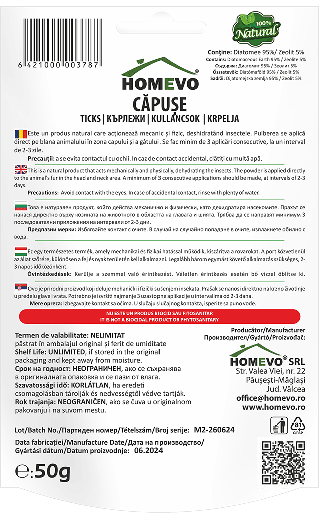 HOMEVO CAPUSE 50G - Pulbere Naturala din Diatomee si Zeolit - Caini, Pisici, Pui de la 3 Luni, Curti si Adaposturi