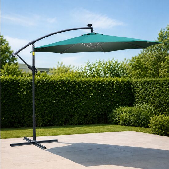Umbrela gradina/terasa cu panou solar, iluminare LED, articulatie tip banana, manivela, verde, 295 cm