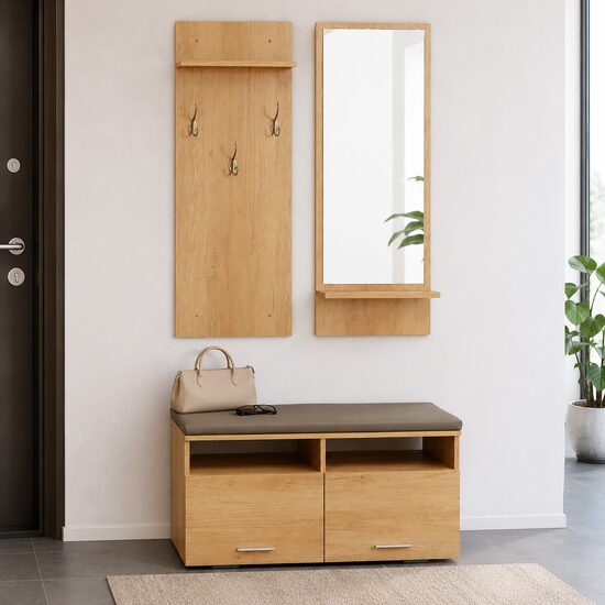 Set mobilier hol, pal, cu pantofar, cuier, oglinda, natur, 3 piese