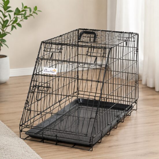 Cusca pentru caine, metal, plastic, cu maner transport, pliabila, negru, 48x76x55 cm