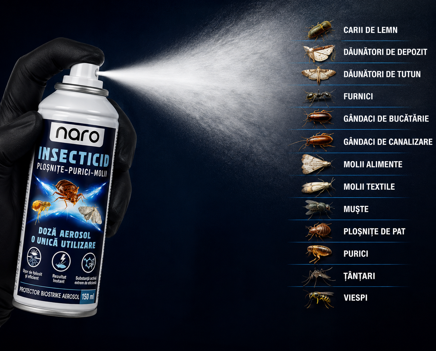 Naro Protector Biostrike Aerosol 150ml - Insecticid Fumigant cu Piretru Natural - Plosnite de Pat, Purici, Molii, Gandaci, Viespi