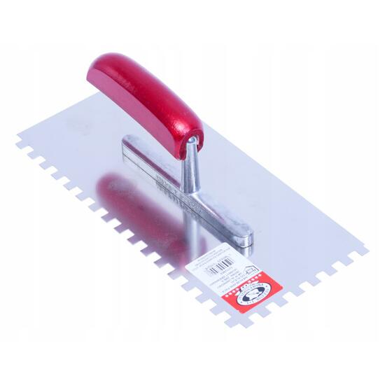 Gletiera inox, pentru adezivi, cu zimti, 10x10 mm, 28x13 cm x 1.2 mm, maner lemn, Olejnik