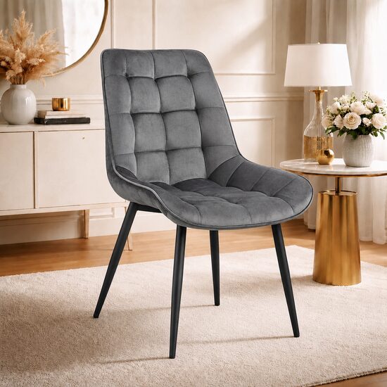 Scaun bucatarie/living, Artool, Bera, catifea gri, picioare metal negru, 54x60x88 cm