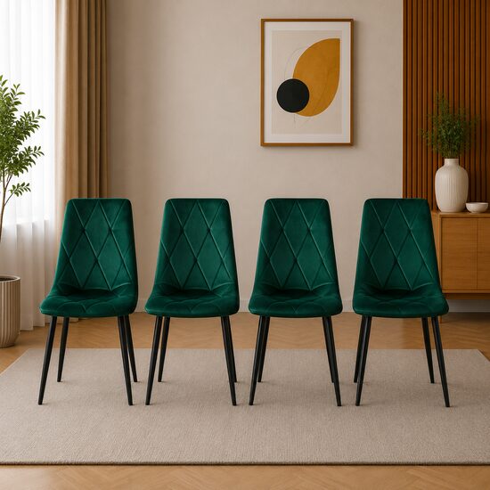Set 4 scaune bucatarie/living, Artool, Libra, catifea verde, picioare metal negru, 44x40x88.5 cm
