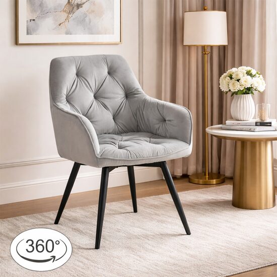 Scaun stil fotoliu bucatarie/living, Artool, York, rotativ, catifea gri argintiu, picioare metal negru, 56x61x84 cm