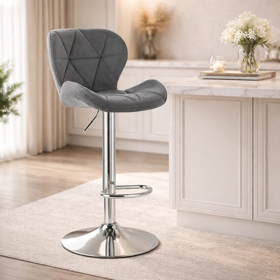 Scaun de bucatarie/bar, Artool, West, rotativ, catifea gri, picior metal argintiu, 46x48.5x90-111 cm