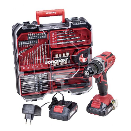 Masina gaurit/insurubat, 2x20V Li-ion, 2 Ah, incarcator si set burghie, varfuri si biti, 74 piese
