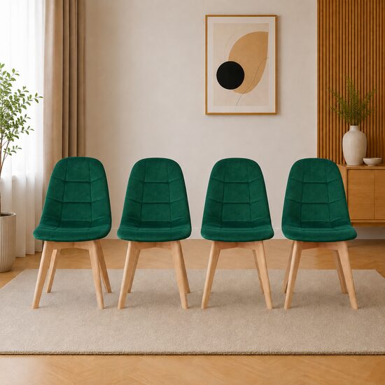 Set 4 scaune bucatarie/living, Artool, Bora, catifea verde, picioare lemn natur, 44.5x54x81.5 cm