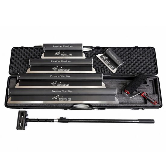 Set 5 gletiere profesionale, lama inox 0.4 mm, Premium Silver, 25, 40, 60, 80, 100 cm, adaptor, maner telescopic, rola gletuit, geanta, Ergoplane, Olejnik