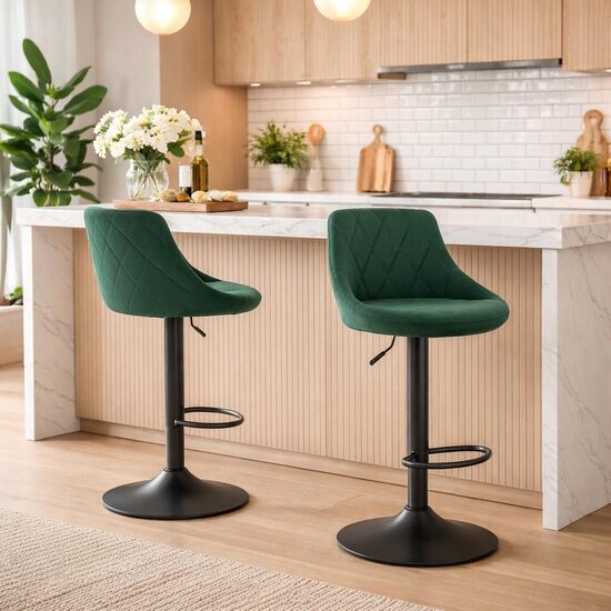 Set 2 scaune de bucatarie/bar, Artool, Kast, rotativ, catifea verde, picior metal negru, 45.5x49x85-105 cm