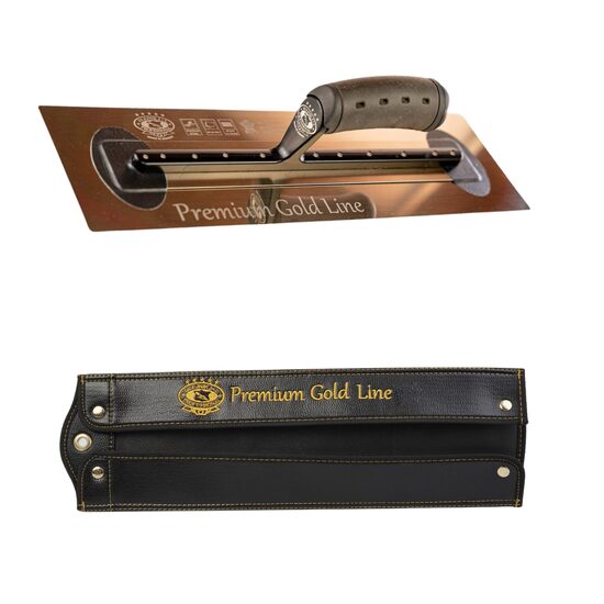 Gletiera inox Olejnik, intarita, Premium Gold, Medium Flex, 40.6x12cm x 0.4mm, maner piele naturala, husa