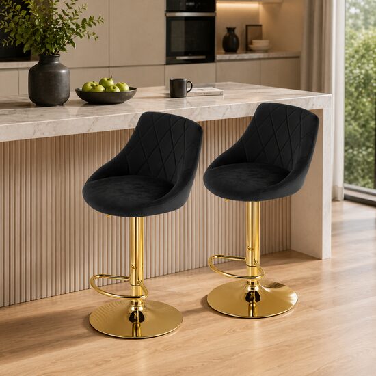 Set 2 scaune de bucatarie/bar, Artool, Kast, rotativ, catifea neagra, picior metal auriu, 45.5x49x85-105 cm