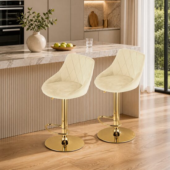 Set 2 scaune de bucatarie/bar, Artool, Kast, rotativ, catifea bej, picior metal auriu, 45.5x49x85-105 cm