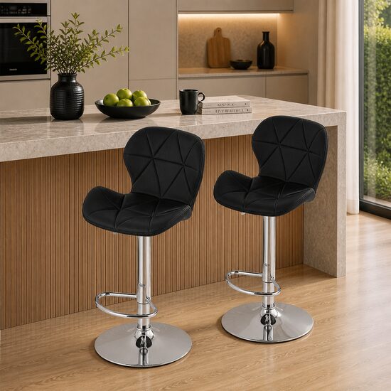 Set 2 scaune de bucatarie/bar, Artool, West, rotativ, piele ecologica neagra, picior metal argintiu, 46x48.5x90-111 cm