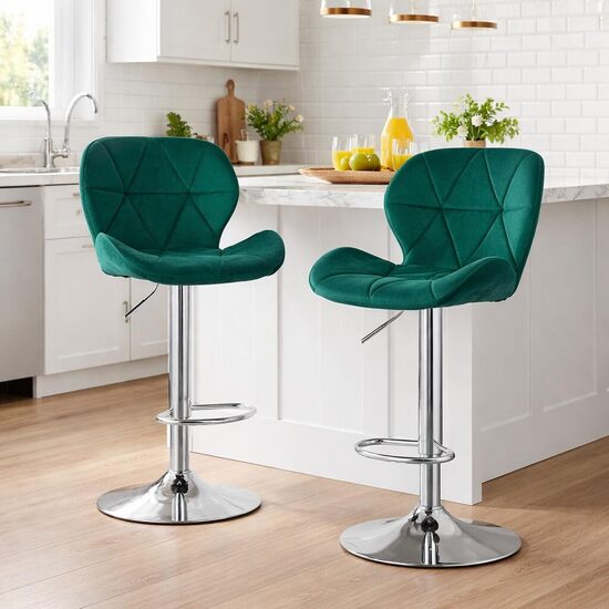 Set 2 scaune de bucatarie/bar, Artool, West, rotativ, catifea verde, picior metal argintiu, 46x48.5x90-111 cm