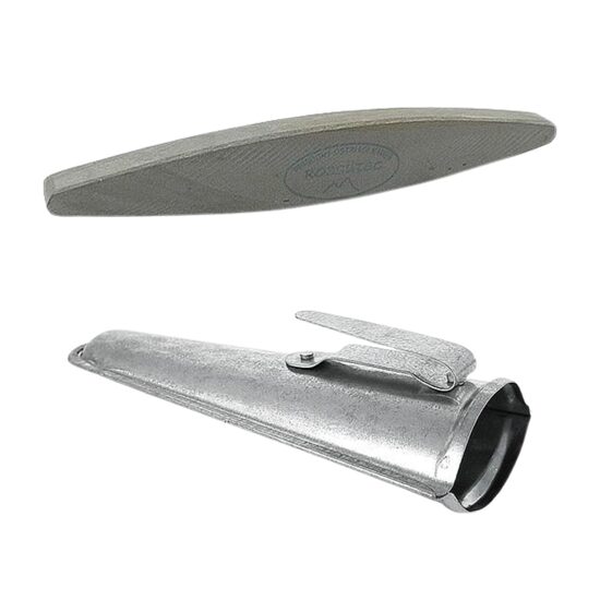 Piatra naturala ascutit coasa Rozsutec, 220 mm, gresie ovala sedimentara pentru ascutire manuala pe camp, structura fina, teaca zincata, Strend Pro