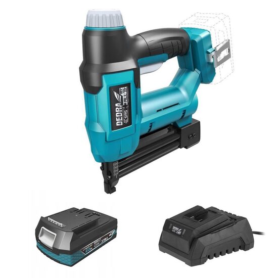 Capsator 18V Li-ion 2 in 1 capse si cuie, SAS+ALL cu acumulator 4Ah si incarcator inclus, tapiterie, tamplarie, mobilier si fixare folii de izolare, Dedra