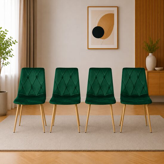 Set 4 scaune bucatarie/living, Artool, Libra, catifea verde, picioare metal natur, 45x54x86.5 cm