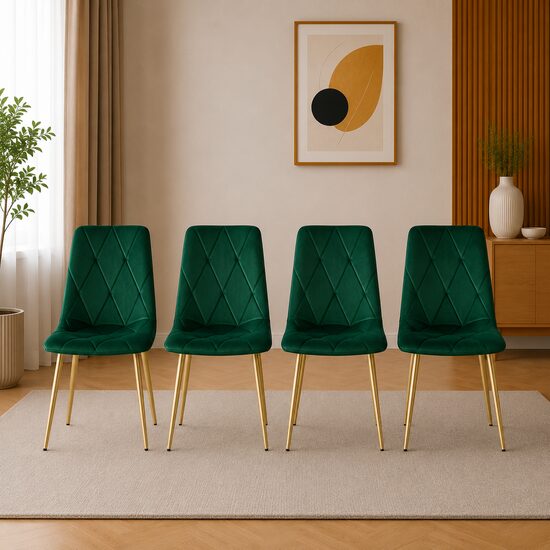 Set 4 scaune bucatarie/living, Artool, Libra, catifea verde, picioare metal auriu, 45x54x86.5 cm