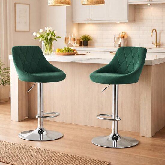 Set 2 scaune de bucatarie/bar, Artool, Kast, rotativ, catifea verde, picior metal argintiu, 45.5x49x85-105 cm