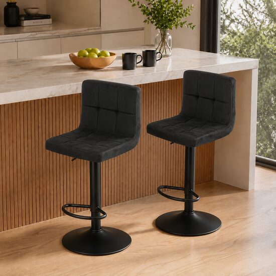 Set 2 scaune de bucatarie/bar, Artool, Prot, rotativ, catifea neagra, picior metal negru, 41x44x87.5-108 cm