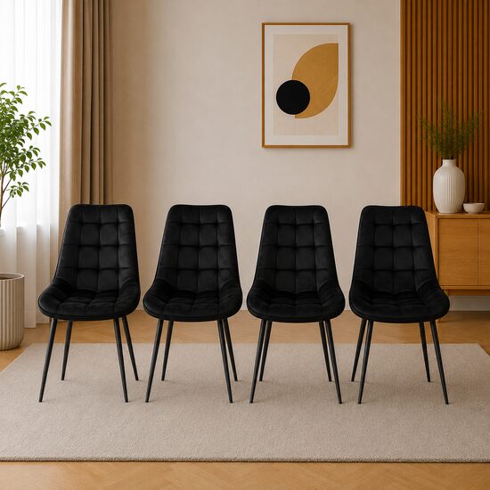 Set 4 scaune bucatarie/living, Artool, Bera, catifea neagra, picioare metal negru, 54x60x88 cm