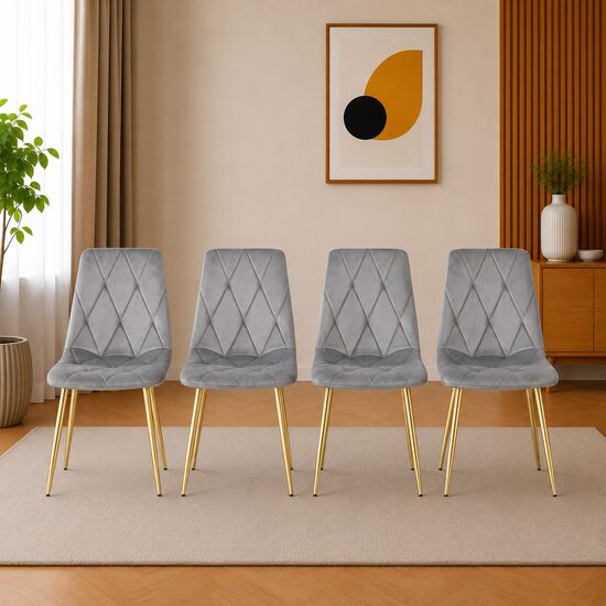 Set 4 scaune bucatarie/living, Artool, Libra, catifea gri deschis, picioare metal auriu, 45x54x86.5 cm