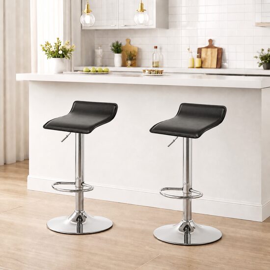 Set 2 scaune de bucatarie/bar, Artool, Fort, rotativ, piele ecologica neagra, picior metal argintiu, 38x39x63-84 cm